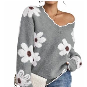 Grey oversized Floral V-Neck Sweater for Women